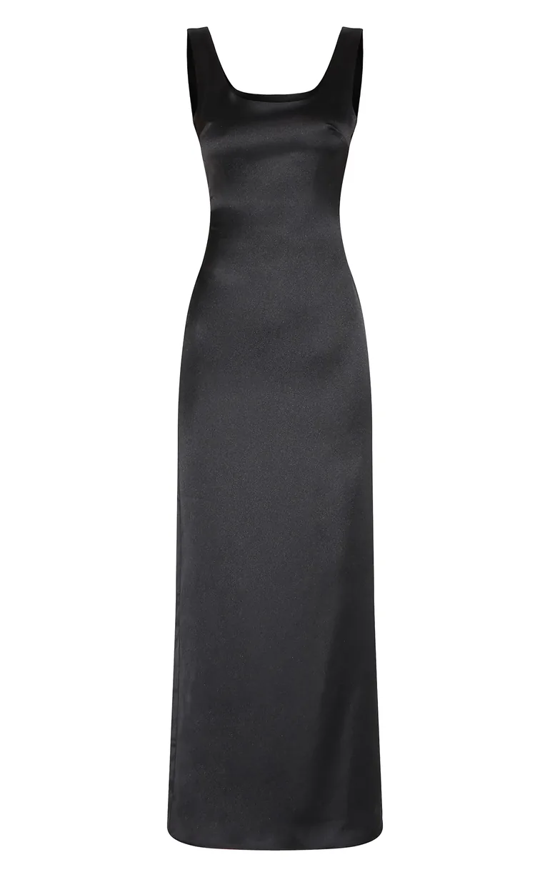 Black Satin Scoop Neck Maxi Dress - 4