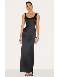 Black Satin Scoop Neck Maxi Dress - 5