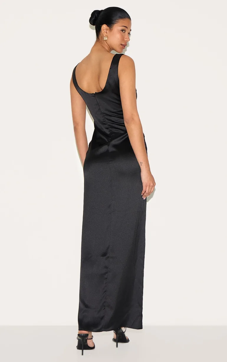 Black Satin Scoop Neck Maxi Dress - 1