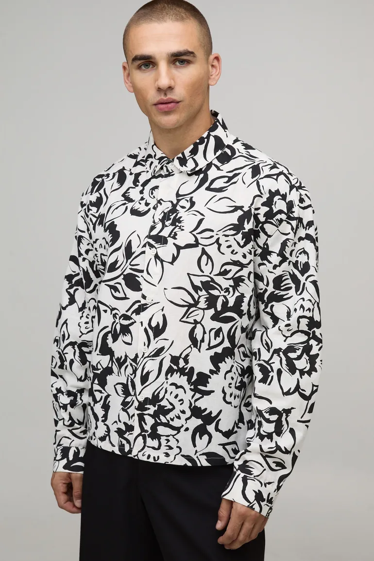 Oversized Boxy Long Sleeve Abstract Print Shirt - white