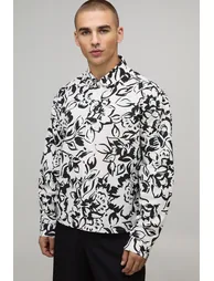Oversized Boxy Long Sleeve Abstract Print Shirt - white