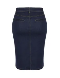 Dark Blue Slit Mini Pencil Denim Skirt - 7