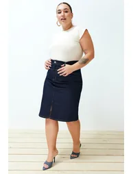 Dark Blue Slit Mini Pencil Denim Skirt - 1