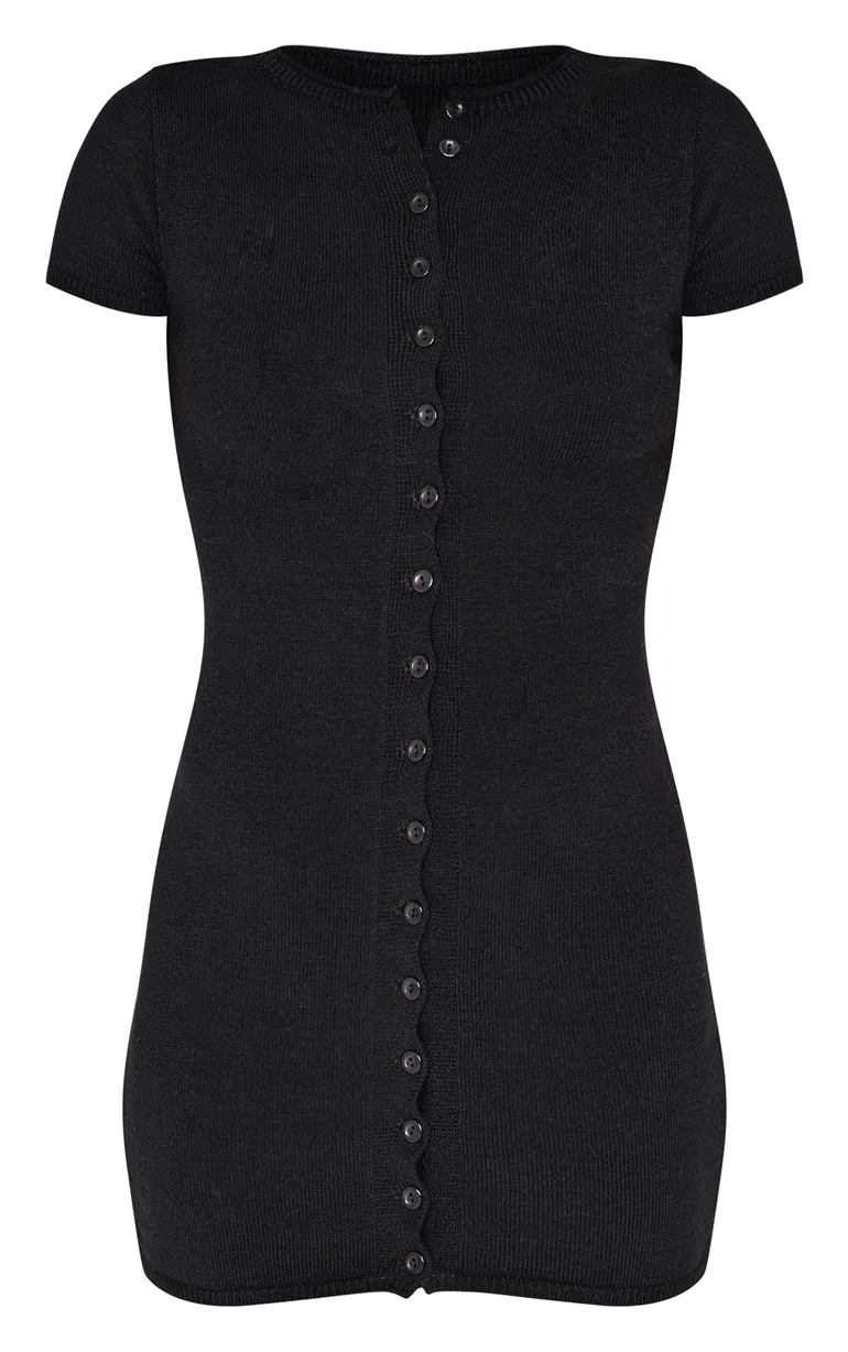 Black Soft Knit Button Through Mini Dress - 4