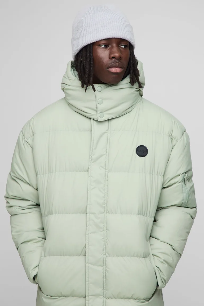 Regular Fit Hooded Longline Puffer Jacket - sage - 2