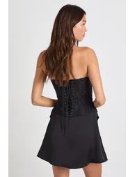 Textured Sheer Floral Lace Corset Drape Mini Dress - black - 2