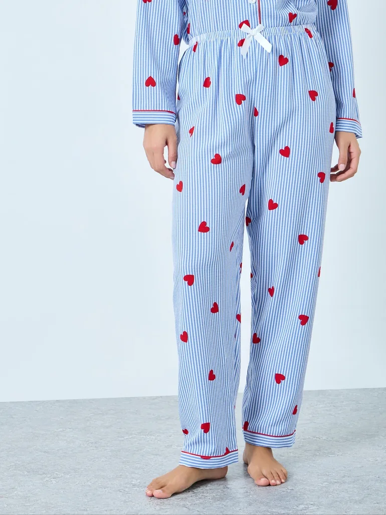 Blue Heart Striped Print Shirt and Pyjama Set - 4