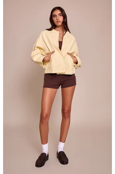 Butter Cream Round Neck Balloon Sleeve Denim Jacket
