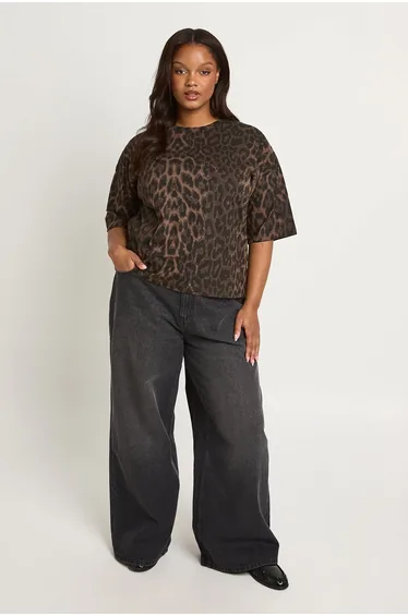 Plus Leopard Print Oversized T-shirt - dark brown