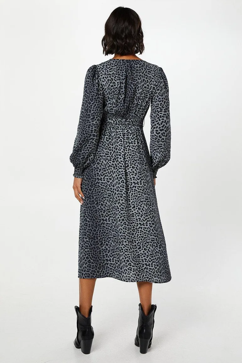 Black Animal Long Sleeve Wrap Midi Dress - 2