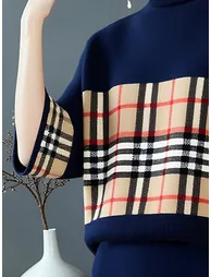 Loose Three-Quarter Sleeves Plaid Pullovers Sweater Tops - 2