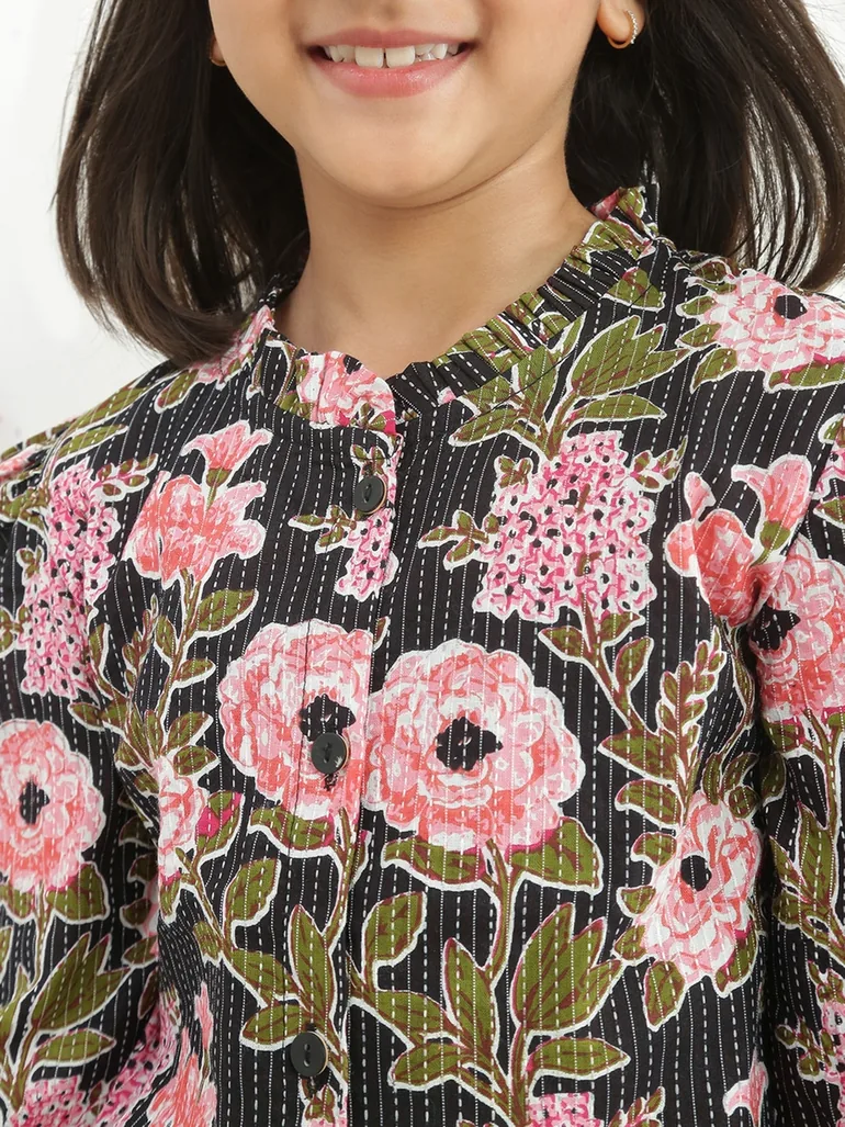 Girls Black Frilled Floral Print Shirt with Pants Set - 3