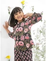 Girls Black Frilled Floral Print Shirt with Pants Set - 5