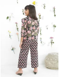 Girls Black Frilled Floral Print Shirt with Pants Set - 2