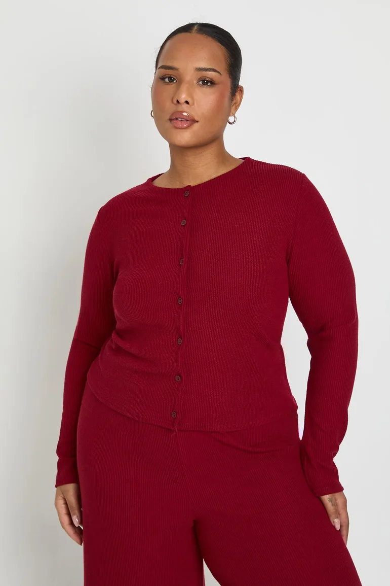 Plus Rib Button Cardigan and Trouser Co-Ord - wine - 3