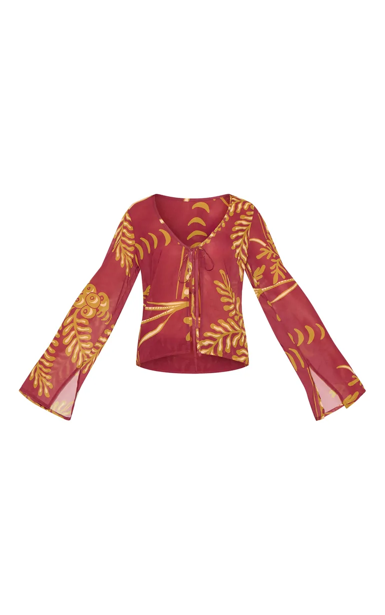 Brown Sheer Floral Long Sleeve Tie Front Top - 4