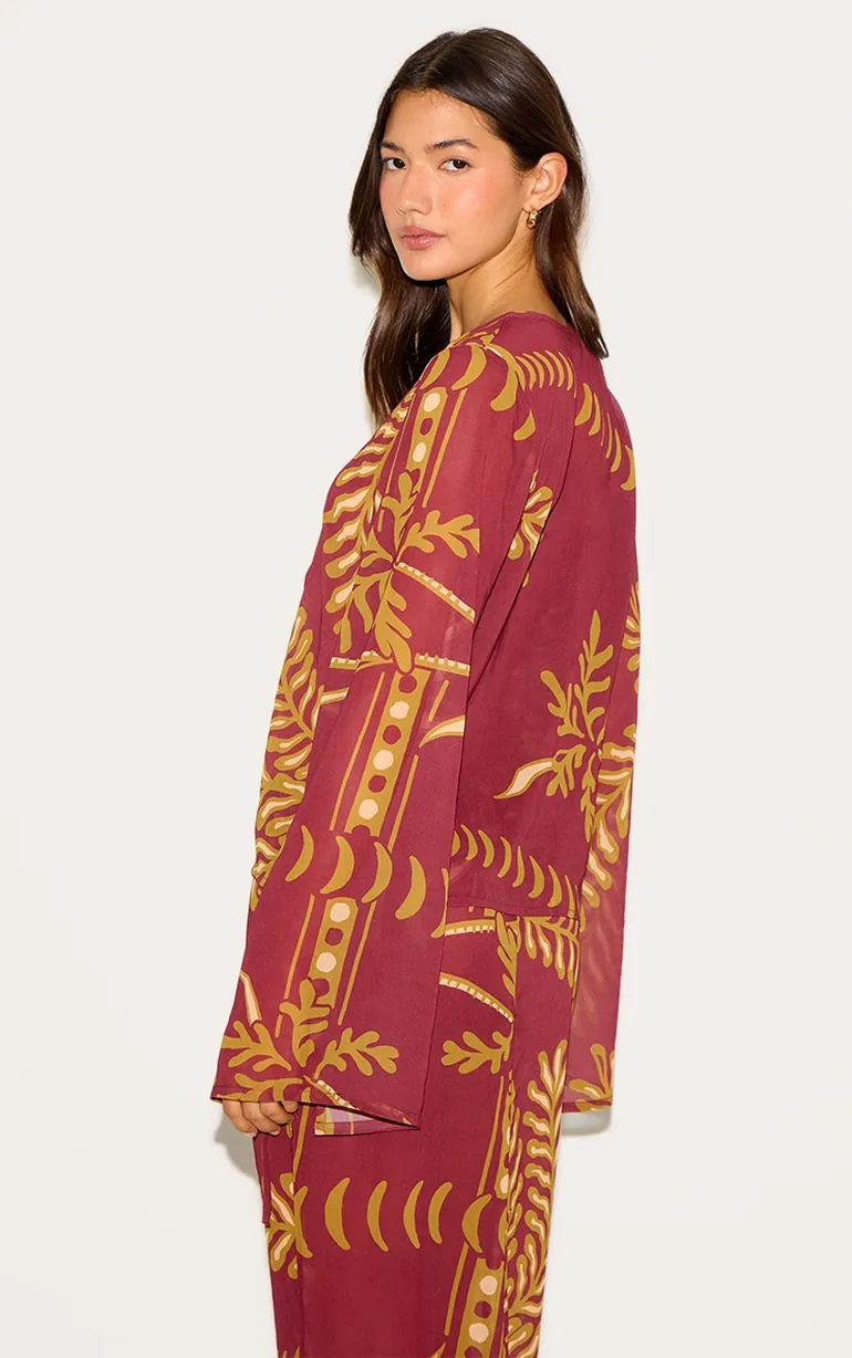 Brown Sheer Floral Long Sleeve Tie Front Top - 2
