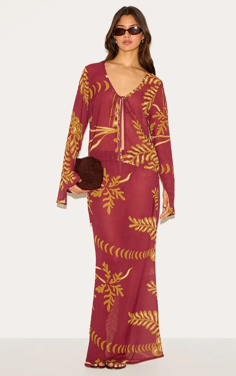 Brown Sheer Floral Long Sleeve Tie Front Top