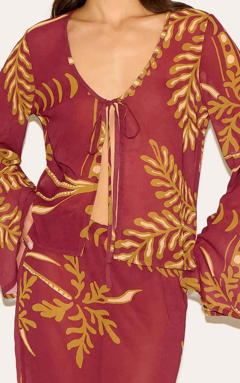 Brown Sheer Floral Long Sleeve Tie Front Top - 3
