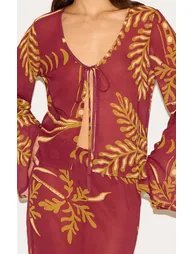 Brown Sheer Floral Long Sleeve Tie Front Top - 3