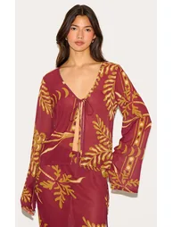 Brown Sheer Floral Long Sleeve Tie Front Top - 1