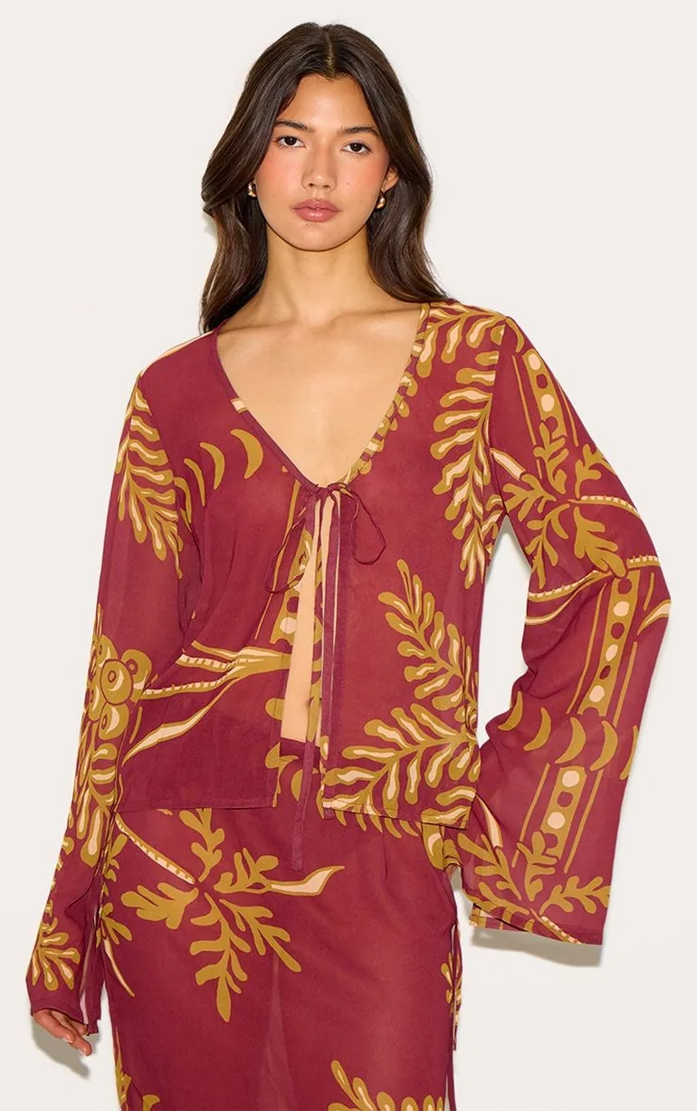 Brown Sheer Floral Long Sleeve Tie Front Top - 5