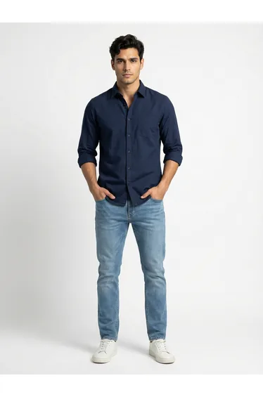 Navy Blue Solid Long Sleeves Shirt