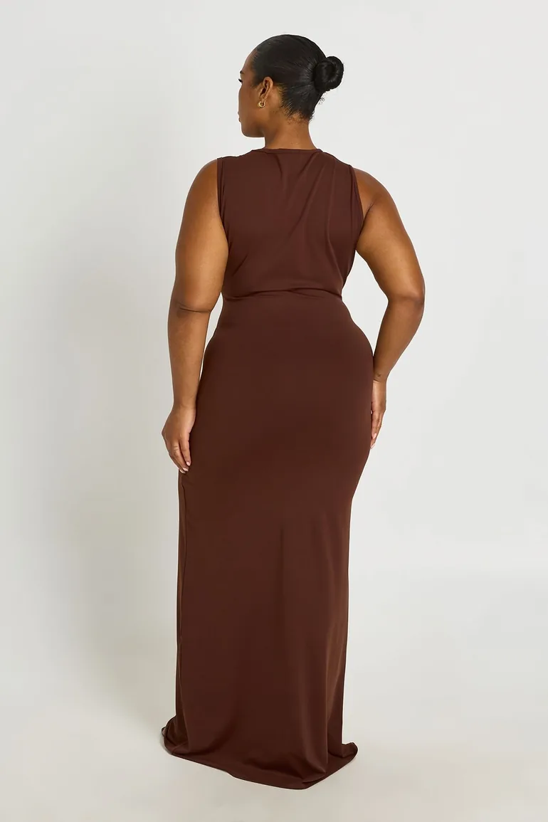 Plus Super Soft Knot Waist Sleeveless Maxi Dress - chocolate - 1