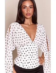 Petite Polka Dot Corset Waist Chiffon Drape Sleeve Top - 1