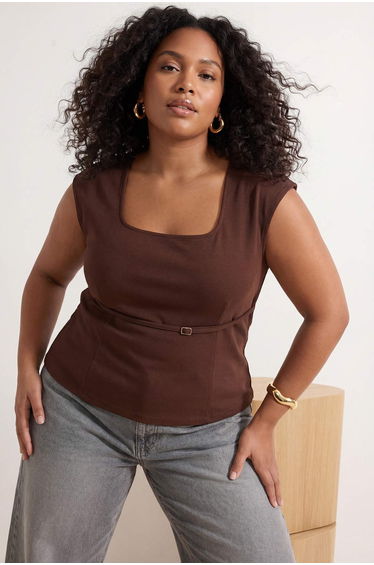 Brown Belt Detailed Square Neck Interlock Knitted Oversize Blouse