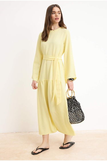 Light Yellow Belted Unlined Plain Woven Dress&Jumpsuit Linen Look Hijab Dress