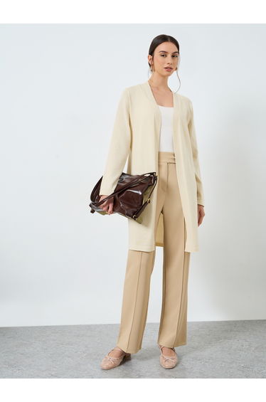 Beige Flat Knit Midi Cardigan