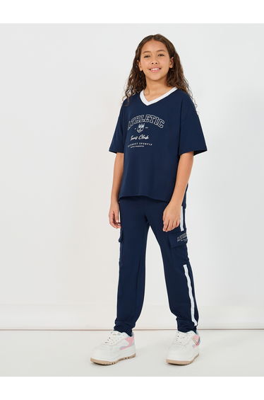Graphic Print V-Neck T-Shirt and Tape Detail Cargo Joggers Co-Ords