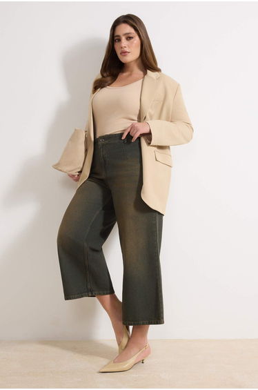 Green High Waist Pencil Detailed Plus Size Culotte Fit Jeans