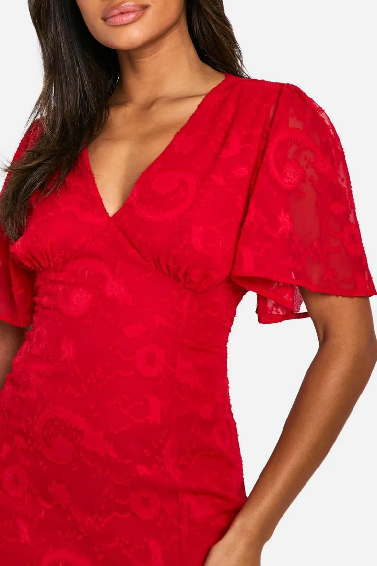 Jacquard Paisley Angel Sleeve Midaxi Dress - red - 3