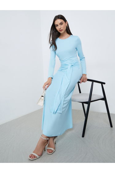Sky Blue Solid Waist Tie Maxi Dress