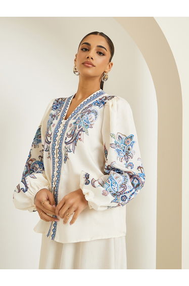 Women Cream Placement Printed Blouse