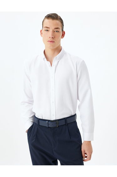 Long Sleeve Shirt Button Down Collar Textured Cotton Blend