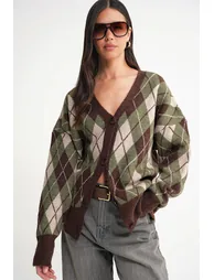 Mixray Oversize Argyle V-Neck Buttoned Cardigan - 1
