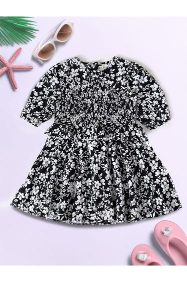 Floral Print Puff Sleeve Knee-Length Dress