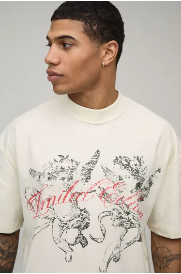 Ecru Oversized Boxy Extended Neck Exposed Seam Cherub T-shirt - ecru