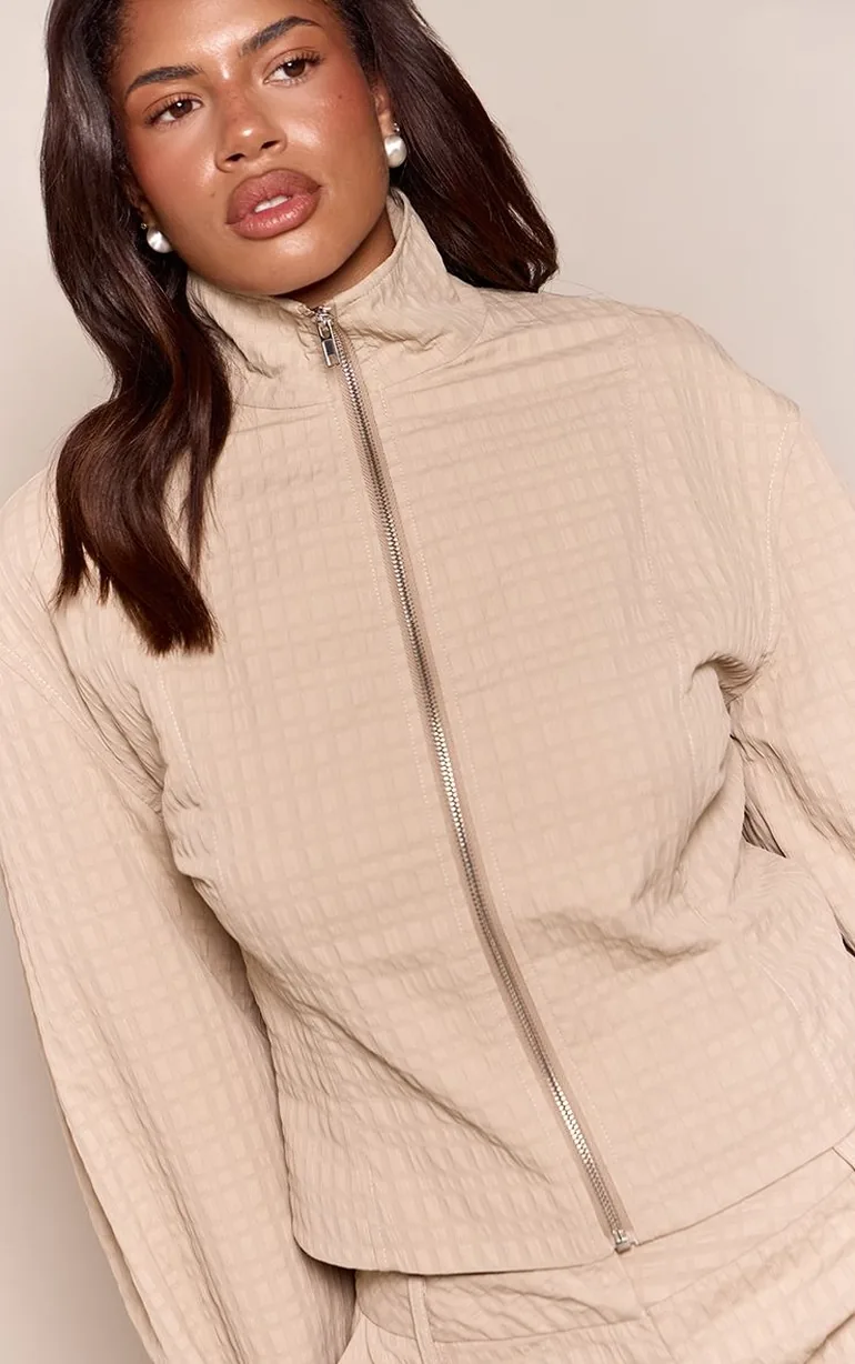 Shape Stone Textured High Neck Cinched Wasit Jacket Co-ord - 1