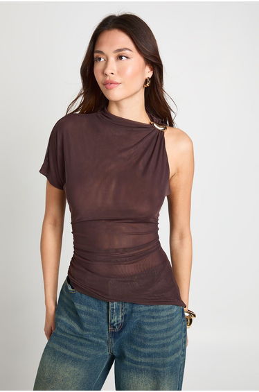 Asymmetric Trim Shoulder Detail Top - chocolate