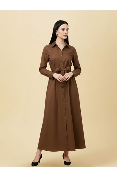 Women Brown Cotton Collared Shirt Dress