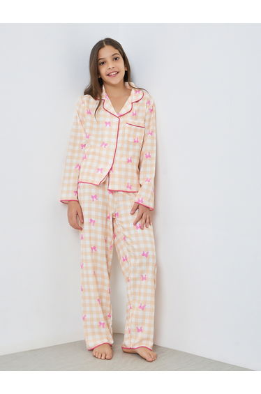 Teen Girls Bow Print Checked Shirt and Pyjama Set