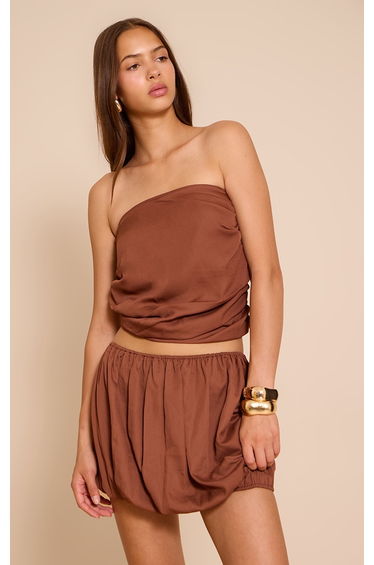 Chocolate Brown Chiffon Ruched Puff Ball Top