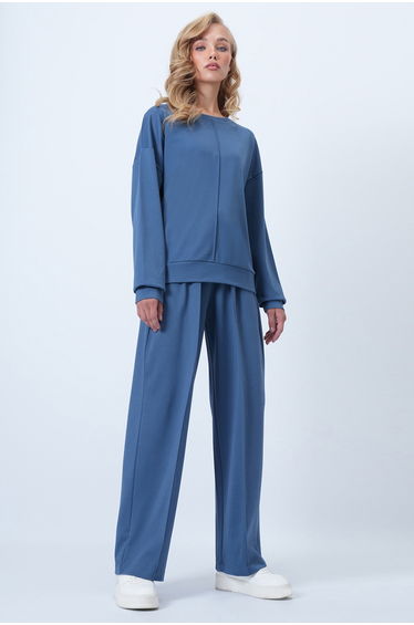 Women's Petrol Blue Crew Neck Ribbed Stitching Blouse and Double Pocket Green Trousers Set
