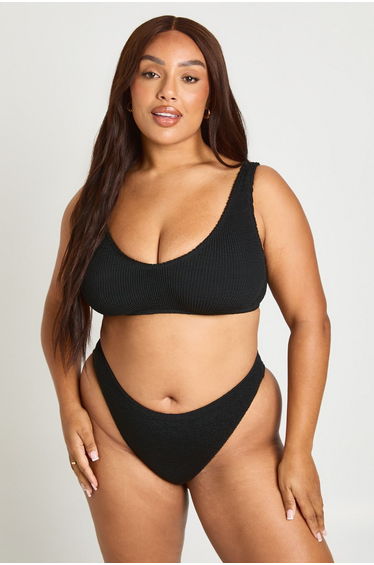 Premium One Size Fits All Crinkle High Waist Bikini Bottom - black