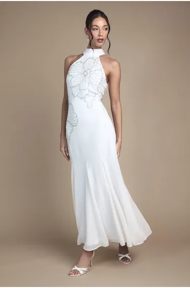 Embellished Maxi Wedding Dress With Godet Pleats