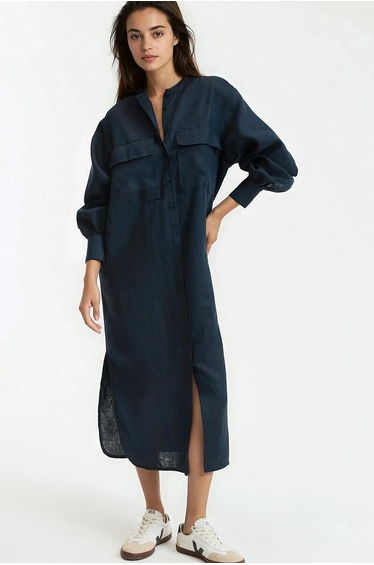 Linen Maxi Shift Dress with Long Sleeves